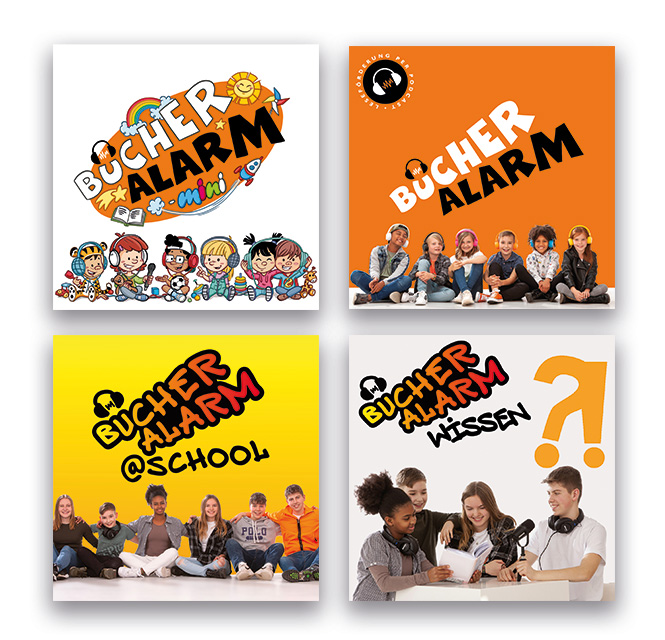 Bild: Vier BÜCHERALARM Podcast-Cover